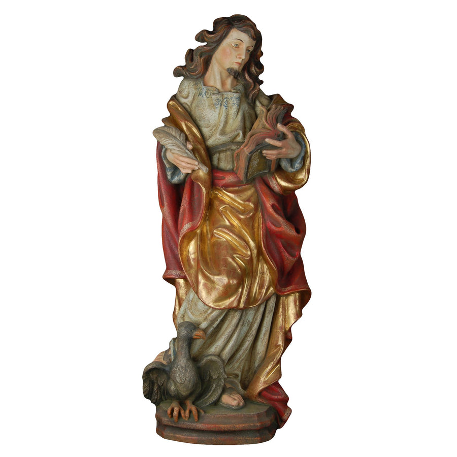 Hl. Johannes der Evangelist mit Adler – handgeschnitzte Holzfigur, Ausführung Echtgold antik