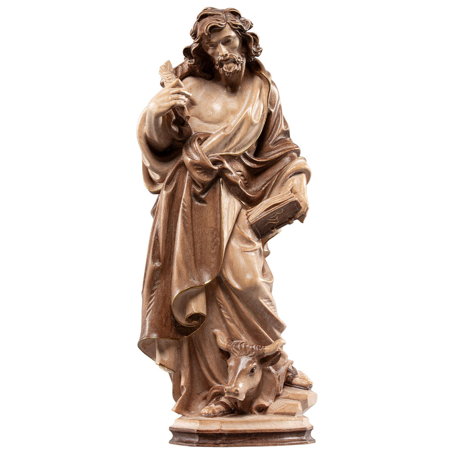 Hl. Lukas der Evangelist – handgeschnitzte Holzfigur, Ausführung mehrfarbig gebeizt
