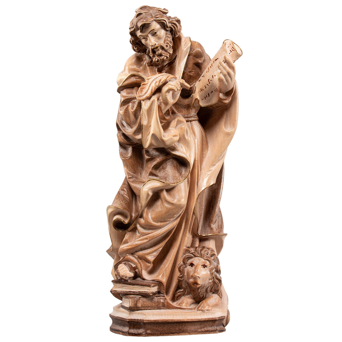 Hl. Markus der Evangelist – handgeschnitzte Holzfigur, Ausführung mehrfarbig gebeizt