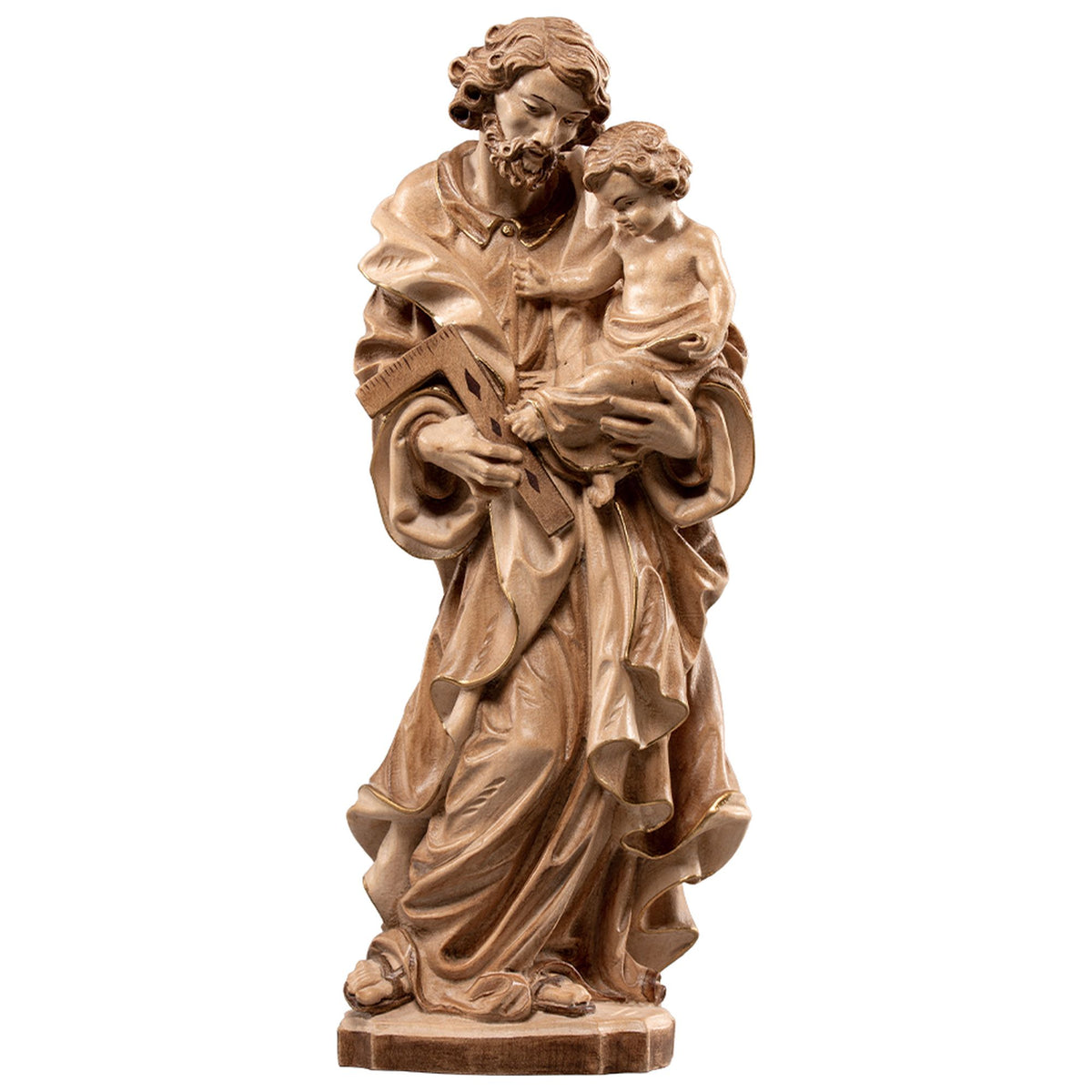 Hl. Josef mit Kind – handgeschnitzte Holzfigur, Ausführung mehrfarbig gebeizt