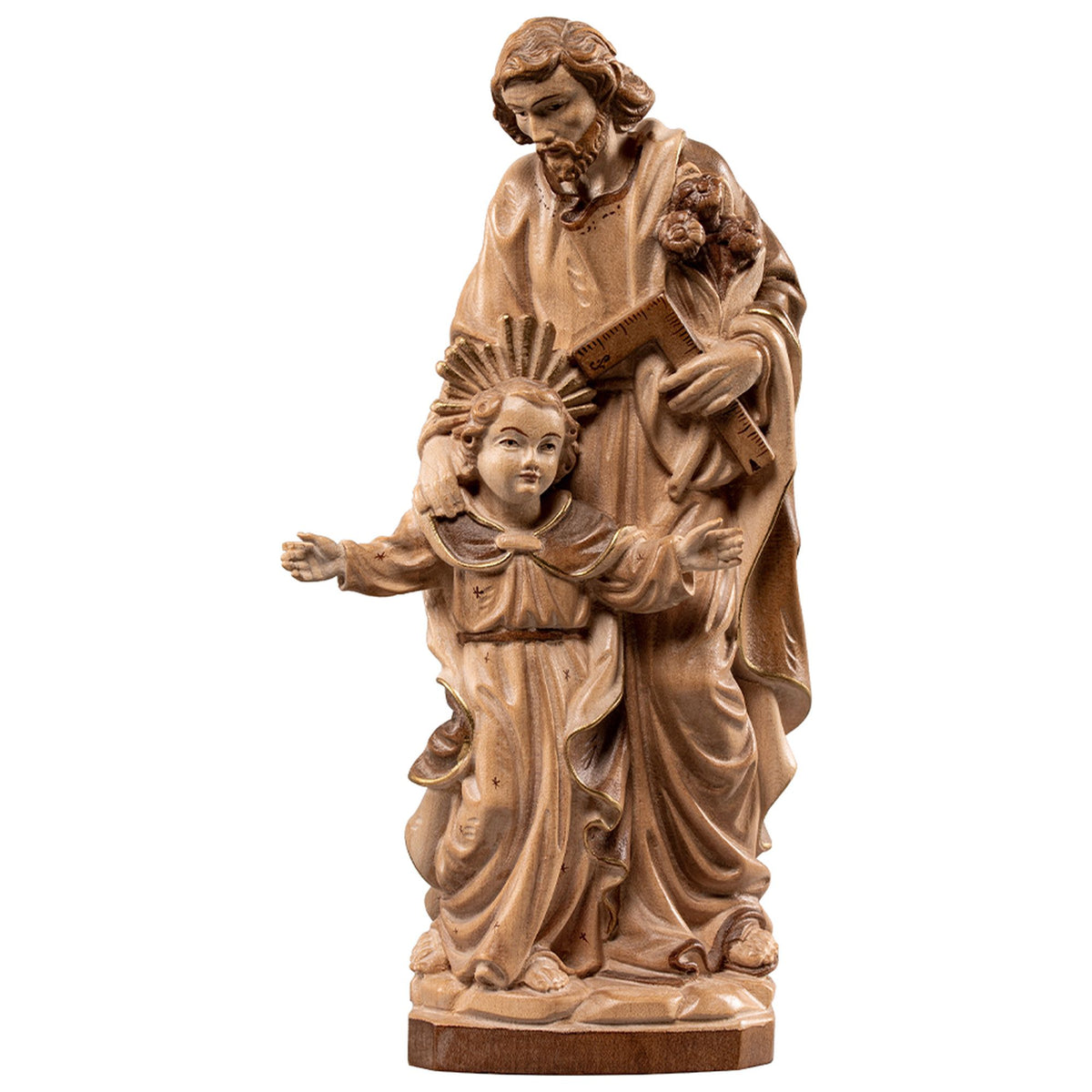 Hl. Josef mit Jesusknabe – handgeschnitzte Holzfigur, Ausführung mehrfarbig gebeizt