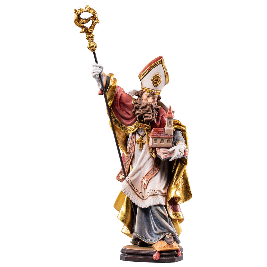 St Gebhard with Book and Church Model – hand-carved wooden statue from South Tyrol, hand-painted finish