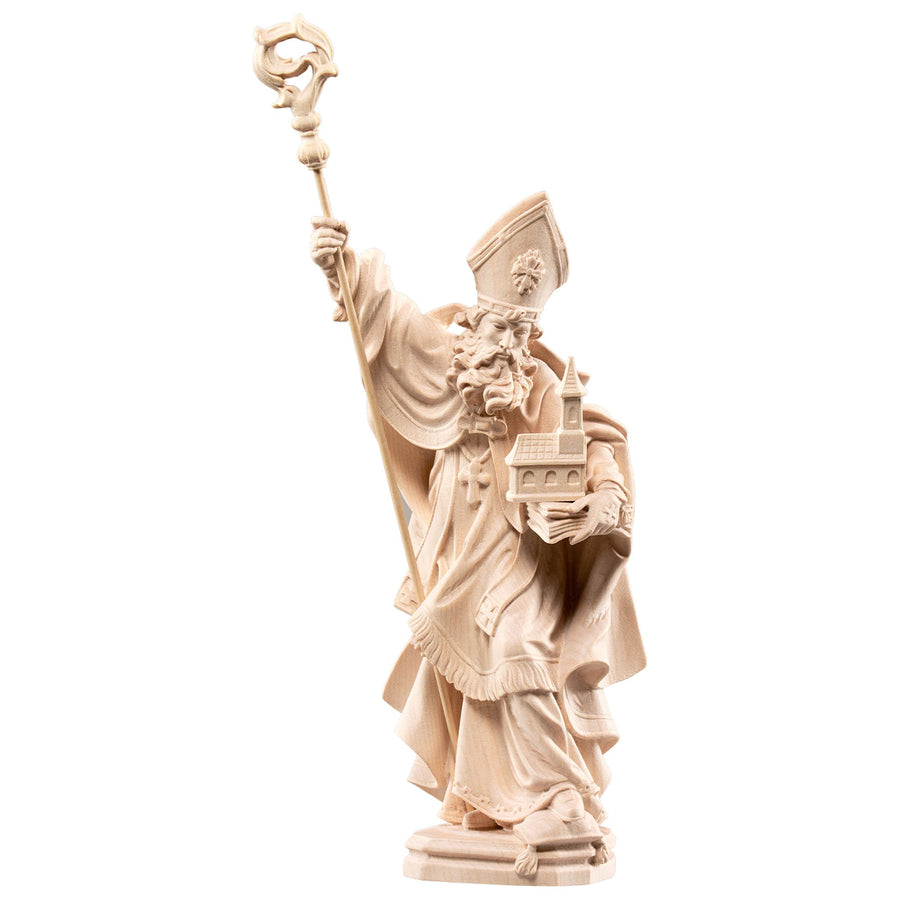 St Gebhard with Book and Church Model – hand-carved wooden statue from South Tyrol, natural finish