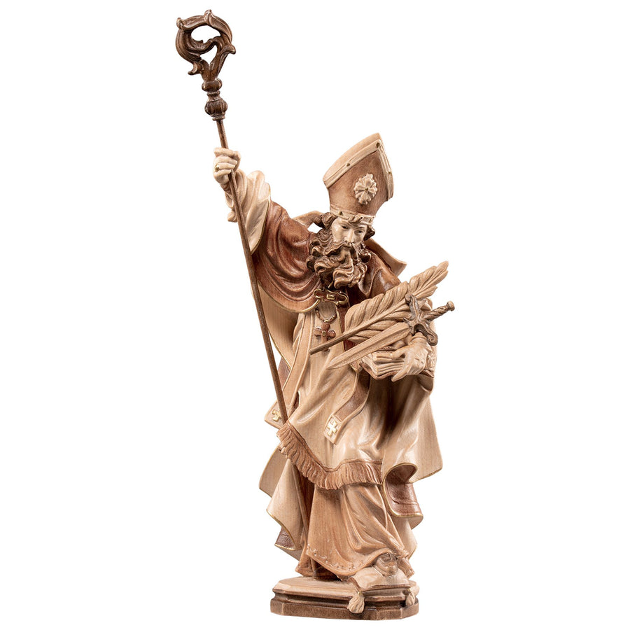 Saint Maximilien avec livre, palme et épée – statue en bois sculptée à la main au Tyrol du Sud, finition teintée polychrome