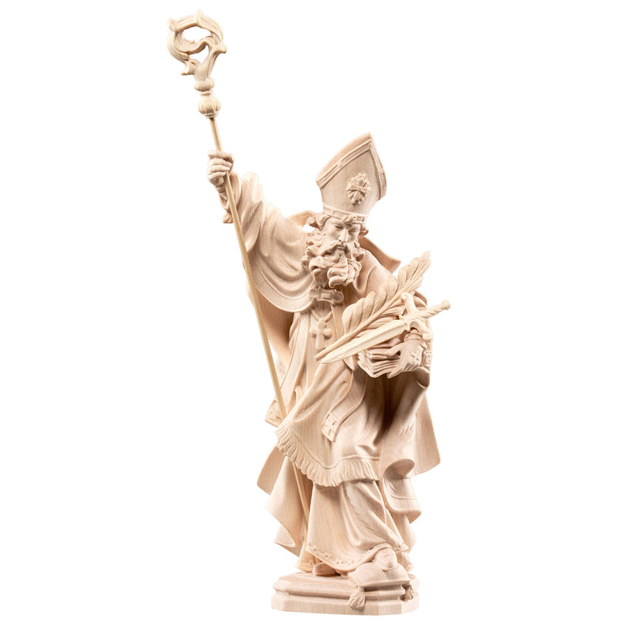 Saint Maximilien avec livre, palme et épée – statue en bois sculptée à la main au Tyrol du Sud, finition naturelle