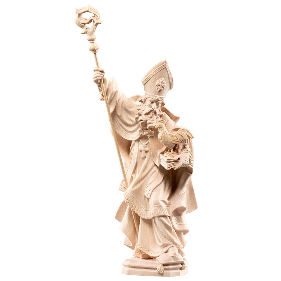 Saint Valentin avec un livre et un coq – statue en bois sculptée à la main, finition naturelle
