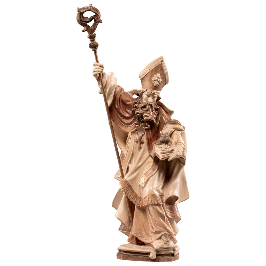 Hl. Vitalis mit Buch und Herz – handgeschnitzte Holzfigur aus Südtirol, Ausführung mehrfarbig gebeizt