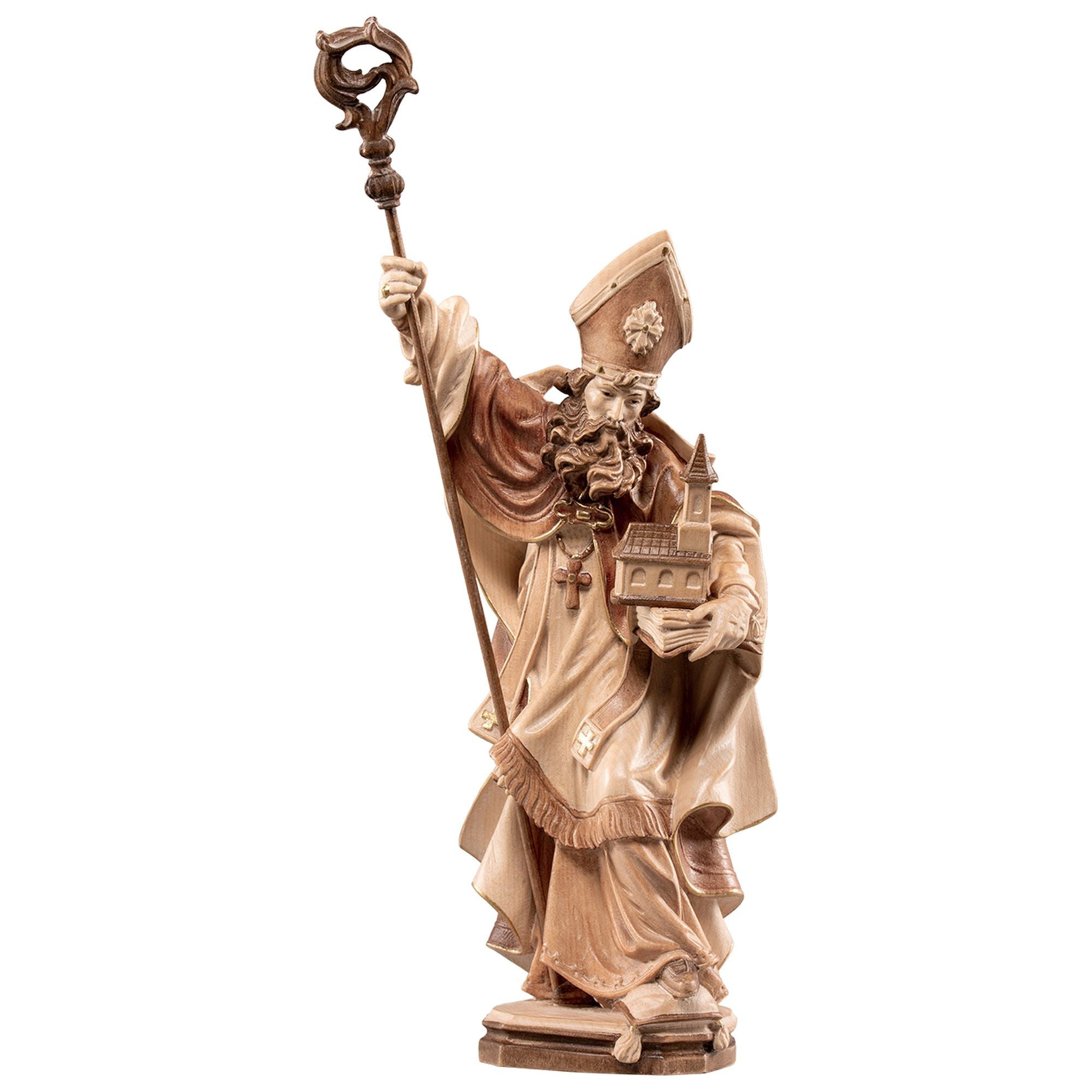Hl. Wolfgang von Regensburg mit Buch und Kirche – handgeschnitzt in Südtirol