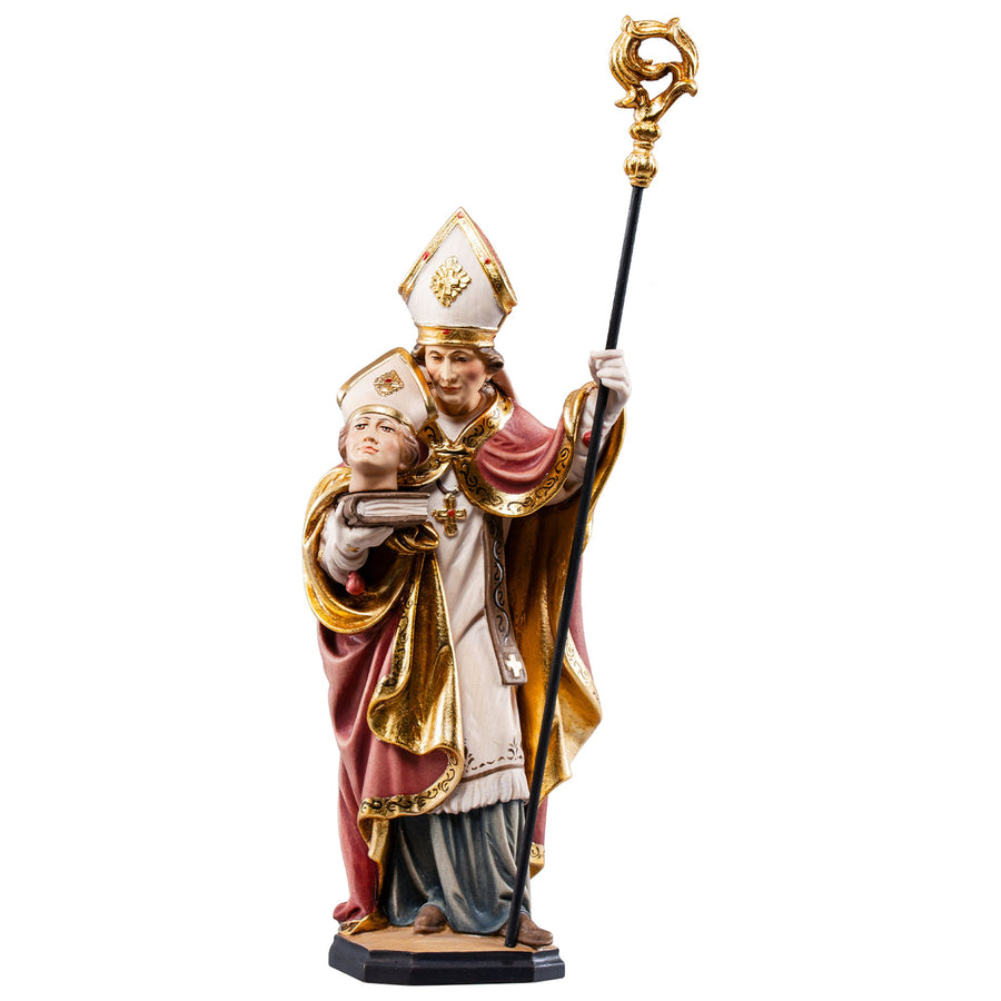 Saint Alban avec la tête sur un livre – statue en bois sculptée à la main au Tyrol du Sud, finition peinte à la main