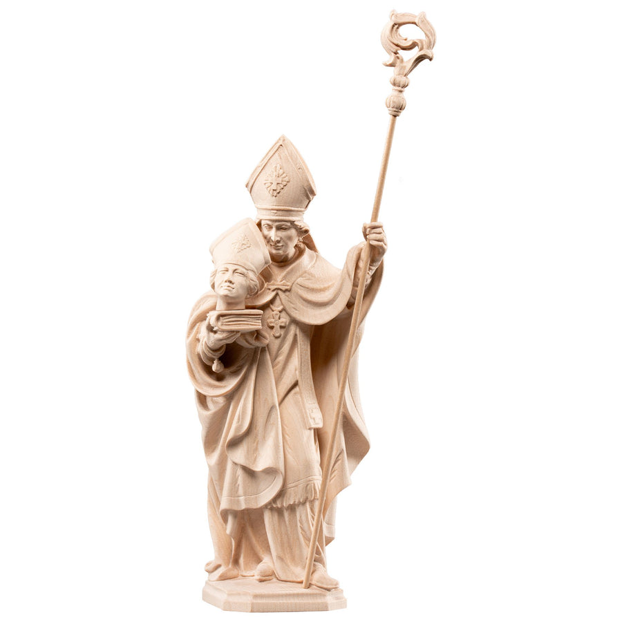 Saint Alban avec la tête sur un livre – statue en bois sculptée à la main au Tyrol du Sud, finition naturelle