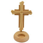 Standkreuz aus Buchenholz, 23,5 cm, mit rundem Sockel für ein Teelicht