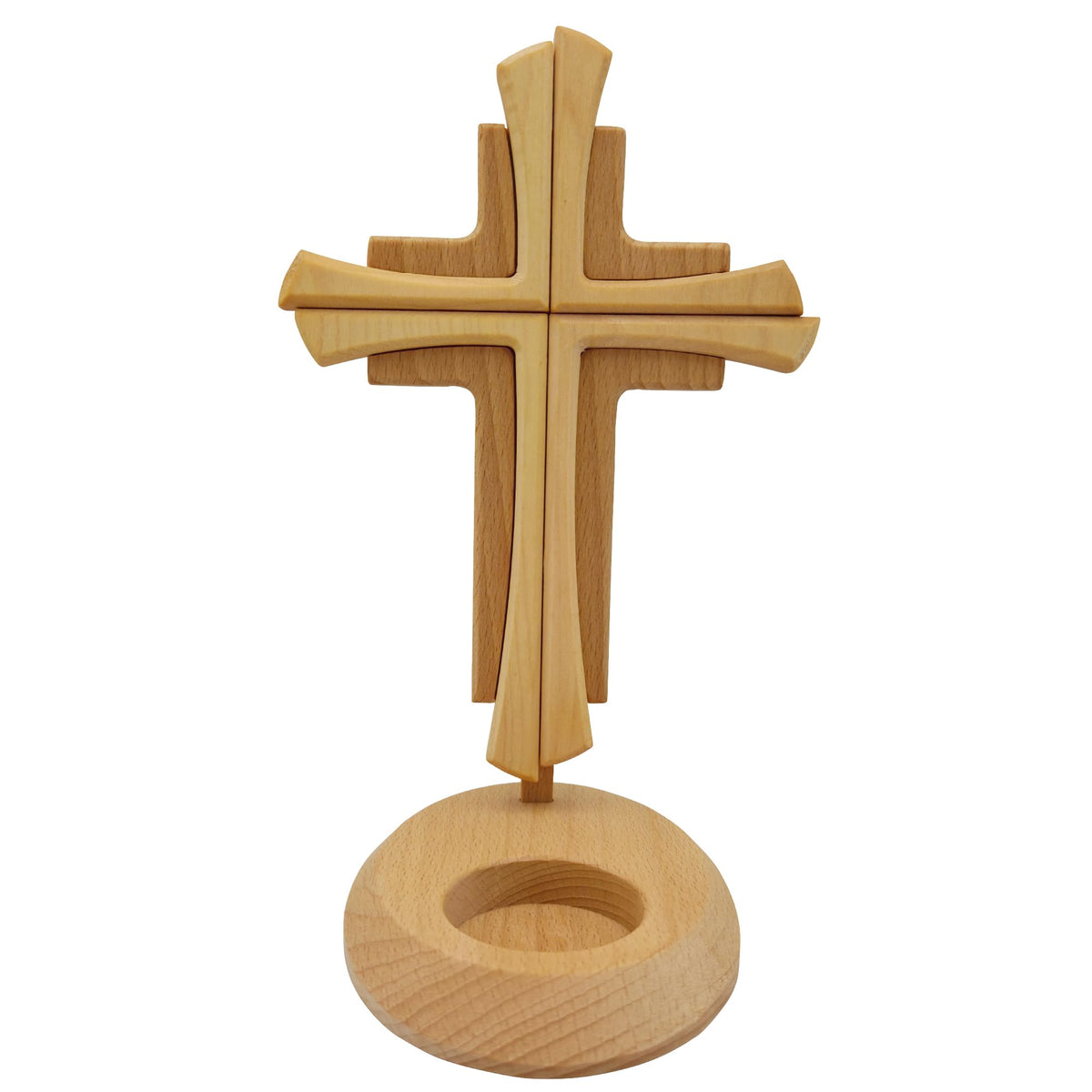 Standkreuz aus Buchenholz, 23,5 cm, mit rundem Sockel für ein Teelicht