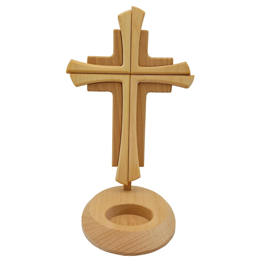 Croix à poser en hêtre, 23,5 cm, avec socle rond pour une bougie chauffe-plat