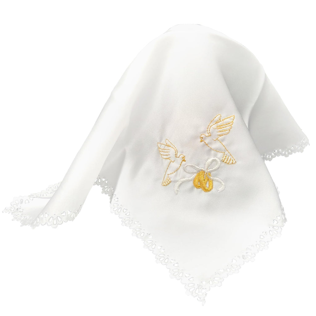 Weißes gesegnetes Hochzeitstuch 35 × 35 cm mit goldener Stickerei aus zwei Tauben und Eheringen