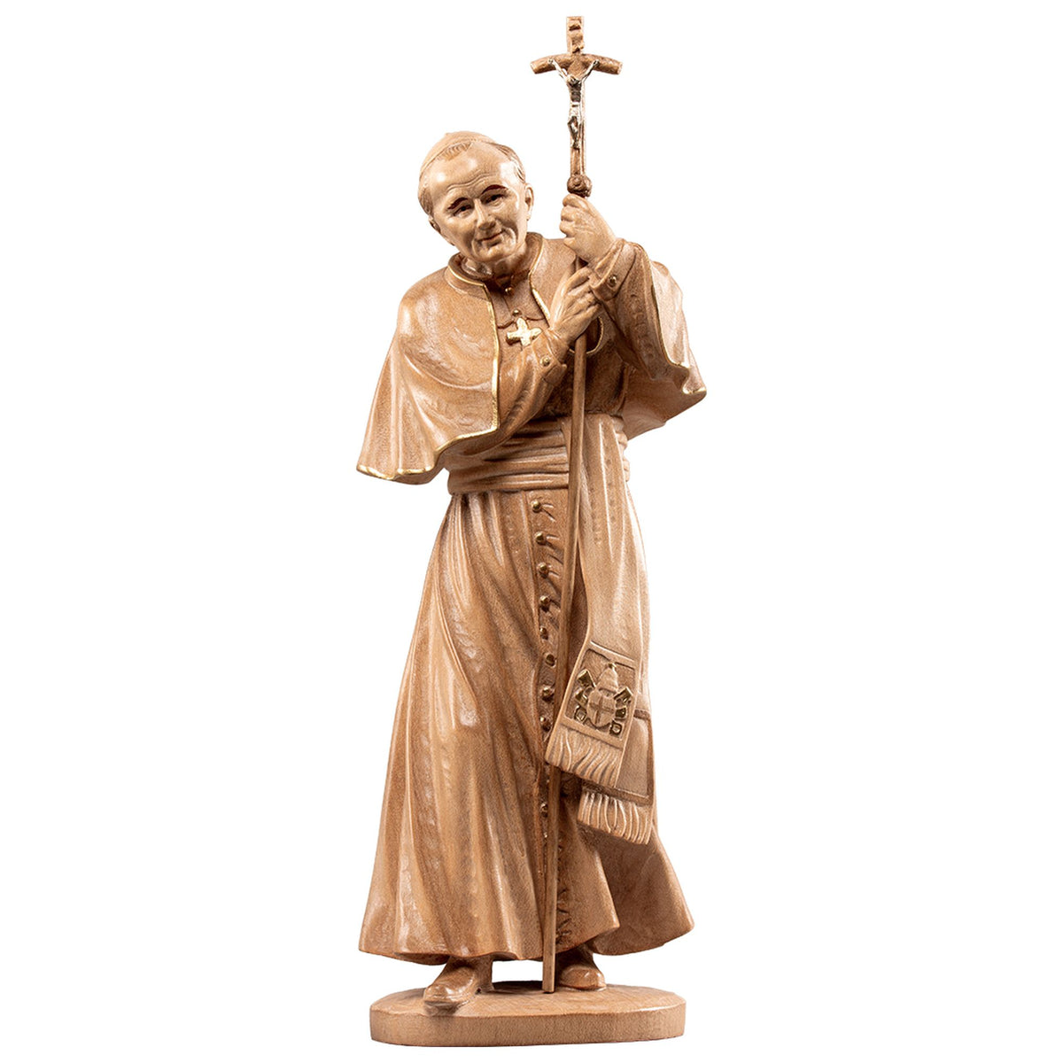Hl. Johannes Paul II. – handgeschnitzte Holzfigur, Ausführung mehrfarbig gebeizt