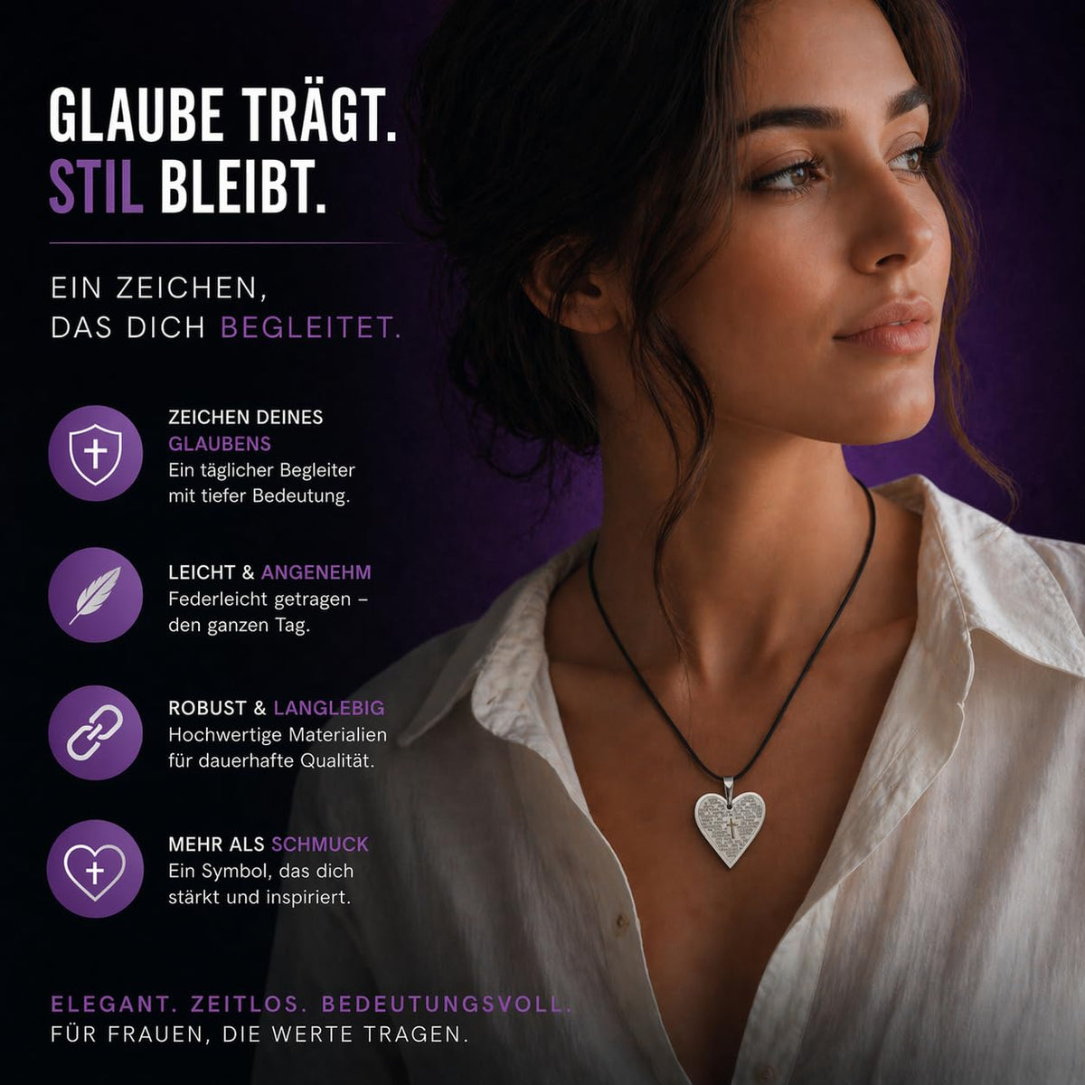 Halskette mit Herzanhänger aus Edelstahl mit Vaterunser-Gravur, schwarzes Band, gesegnet, mit Samtsäckchen – Bild 2