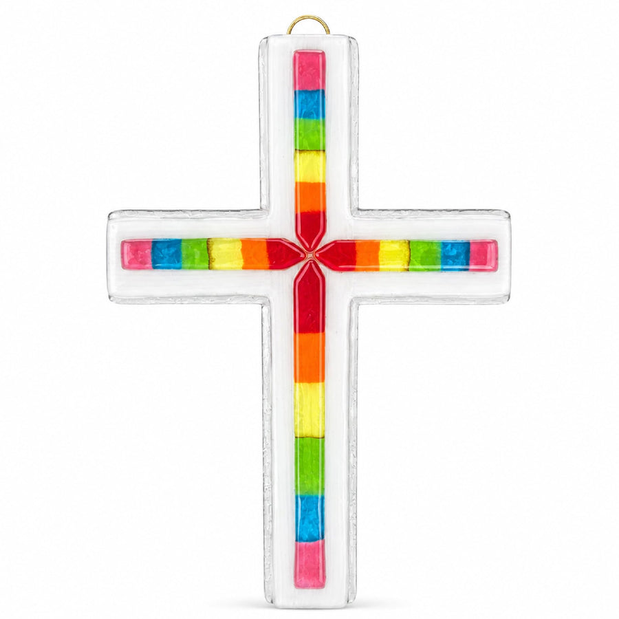 Glaskreuz 19,5×13,5 cm mit regenbogenfarbenen Segmenten und goldfarbenem Ring, gesegnet