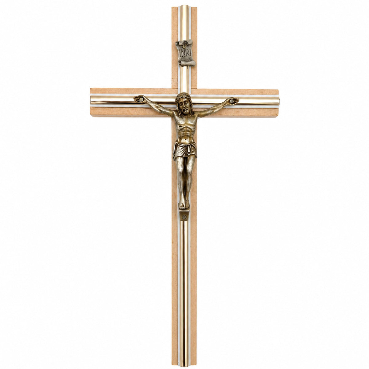 Wandkruzifix aus Buchenholz mit Metallkorpus, INRI-Plakette und Metallstreifen, 28×14 cm, gesegnet