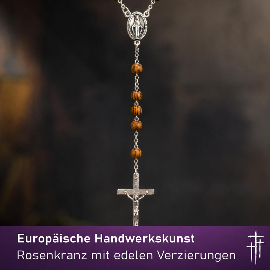 Rosenkranz aus hellbraunen Holzperlen, 50 cm, mit Wundertätiger Medaille und Samtsäckchen, gesegnet – Bild 5