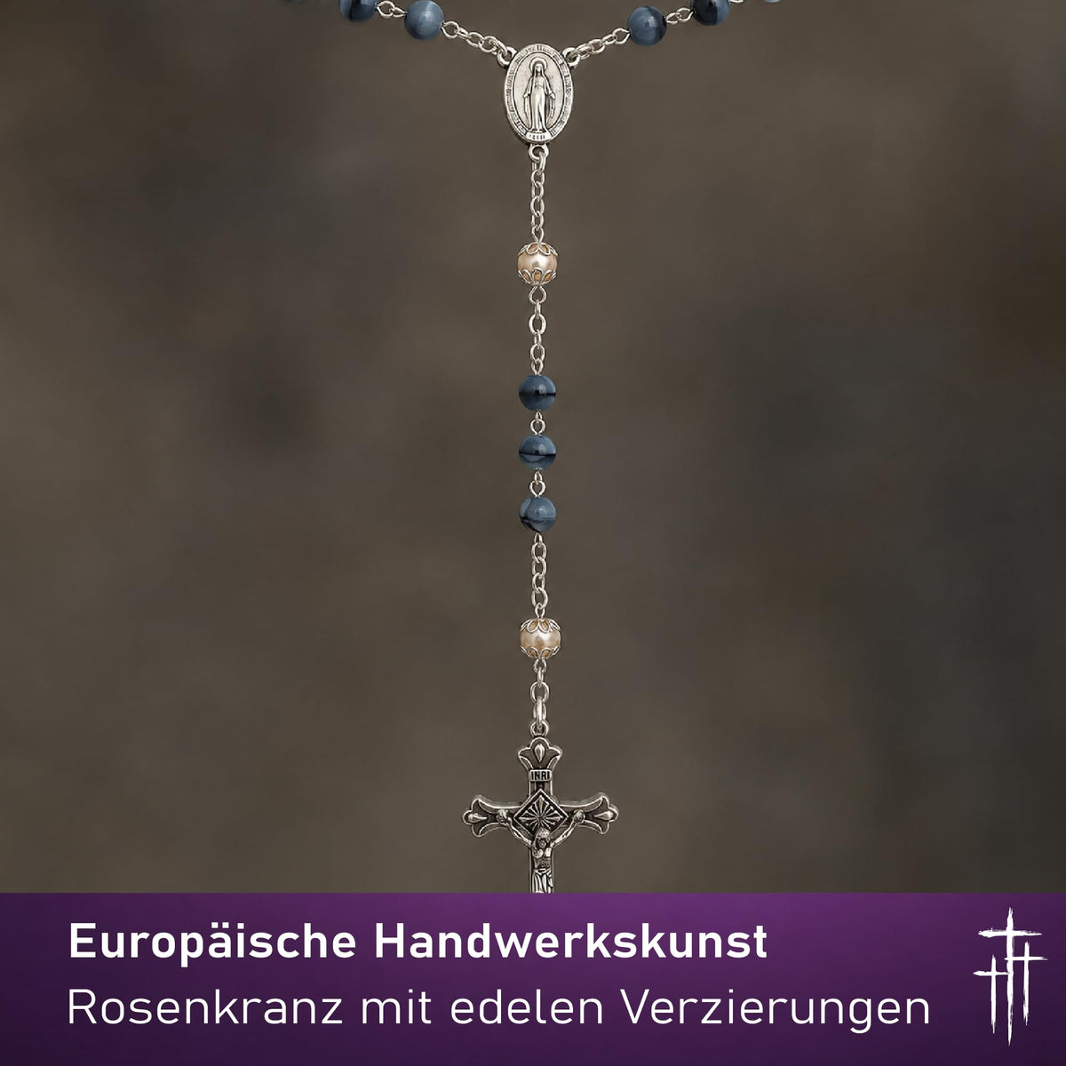Rosenkranz mit blau marmorierten Glasperlen, 47 cm, Wundertätige Medaille und Kruzifix, gesegnet – Bild 5