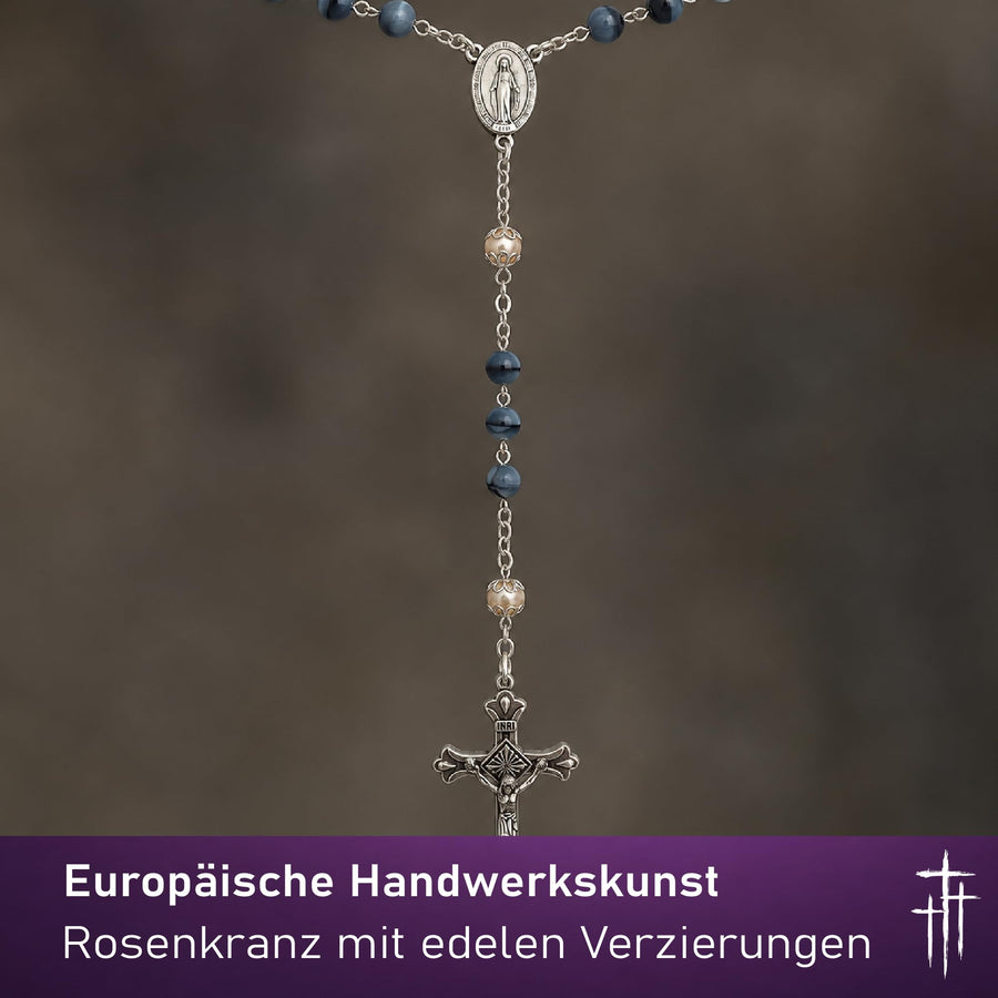 Rosenkranz mit blau marmorierten Glasperlen, 47 cm, Wundertätige Medaille und Kruzifix, gesegnet – Bild 5