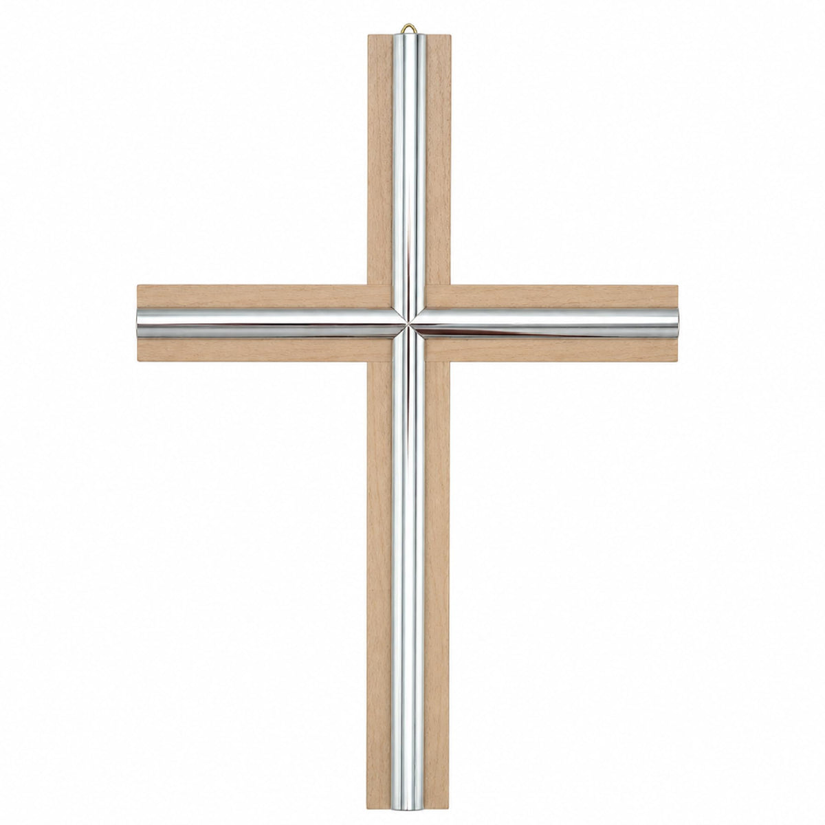 Wandkreuz aus hellem Buchenholz mit polierten Metallstreifen, 20×14 cm, gesegnet