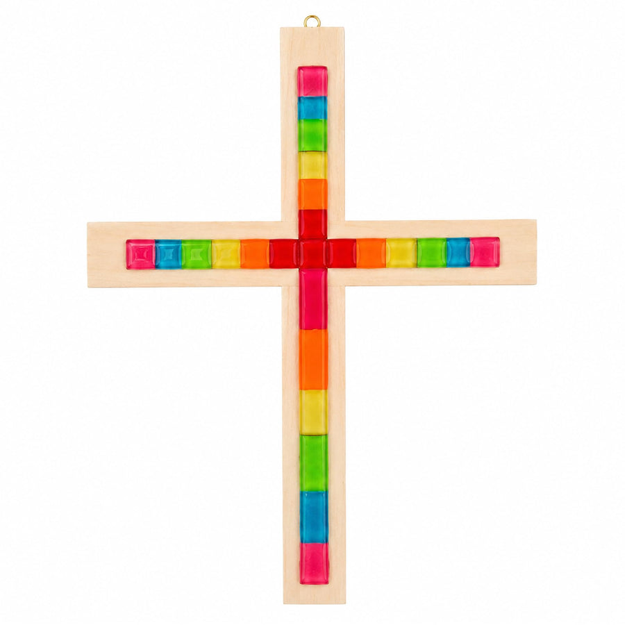 Wandkreuz aus Buchenholz mit Regenbogen-Glaseinsätzen, 20×15 cm, gesegnet