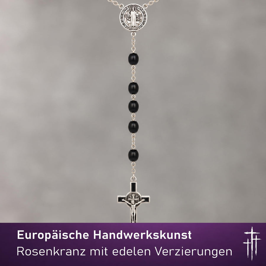 Benediktus-Rosenkranz mit schwarzen ovalen Holzperlen, 50 cm, Medaille und emailliertes Kruzifix – Bild 5