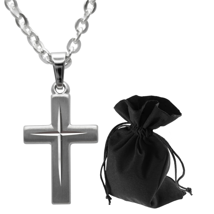 Collier croix en argent sterling 925 rhodié, pendentif croix 2,5 cm, chaîne maille forçat 60 cm, bénit
