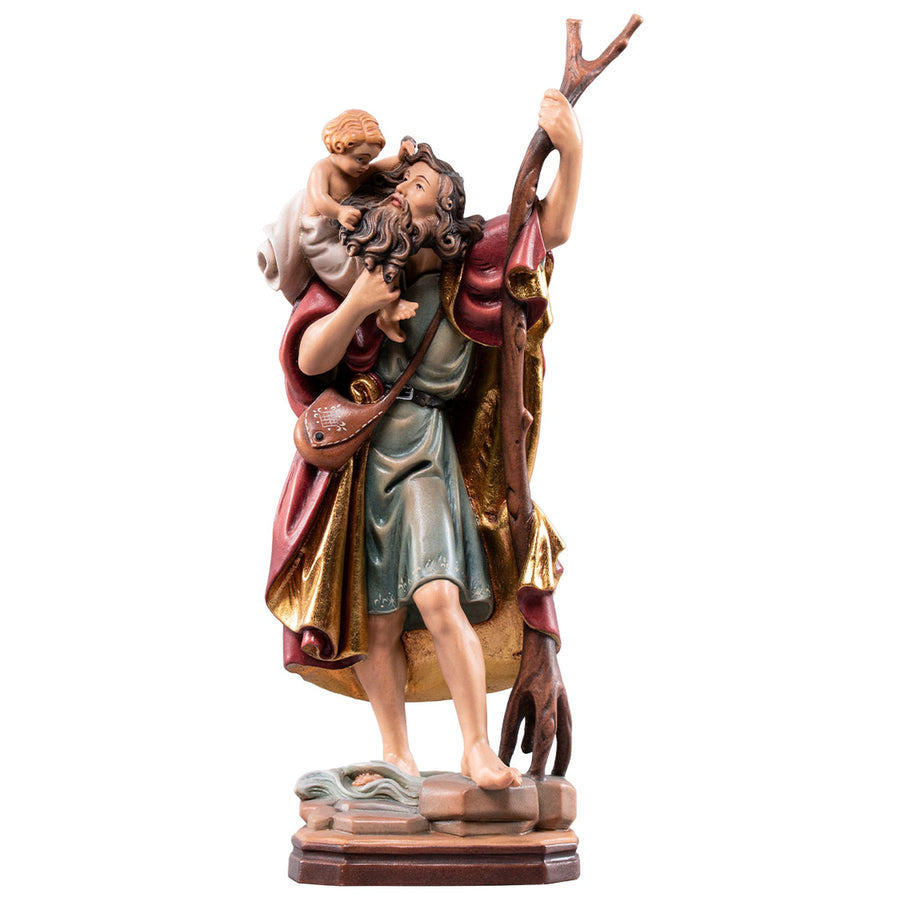 Saint Christophe portant l'Enfant Jésus – statue en bois sculptée à la main, finition peinte à la main