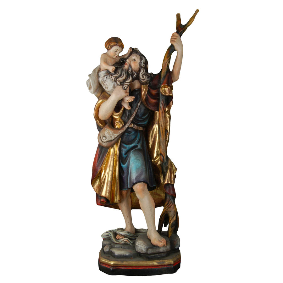 Saint Christophe portant l'Enfant Jésus – statue en bois sculptée à la main, finition dorure à la feuille d'or patinée