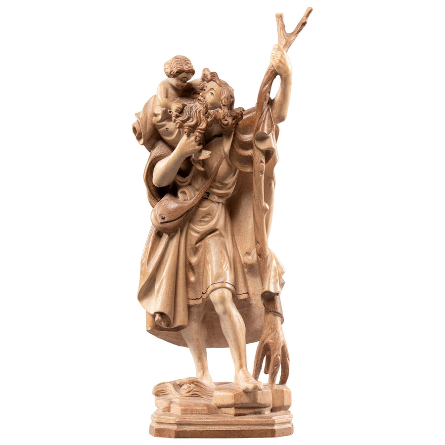 Saint Christophe portant l'Enfant Jésus – statue en bois sculptée à la main, finition teintée polychrome