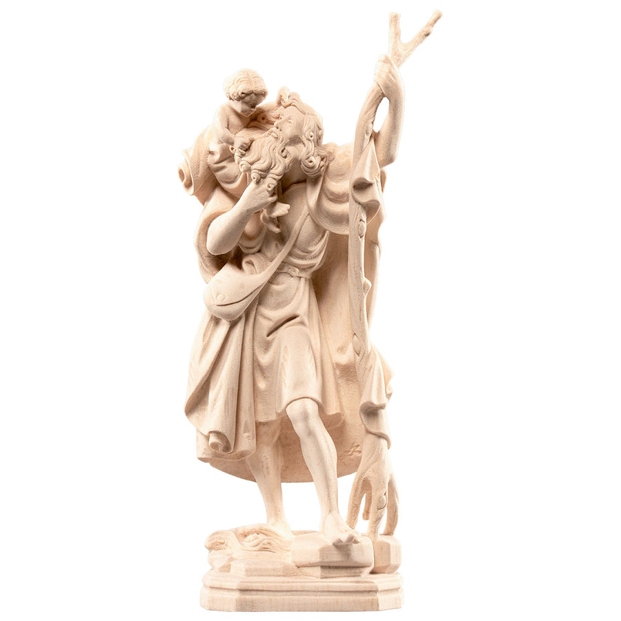 Saint Christophe portant l'Enfant Jésus – statue en bois sculptée à la main, finition naturelle