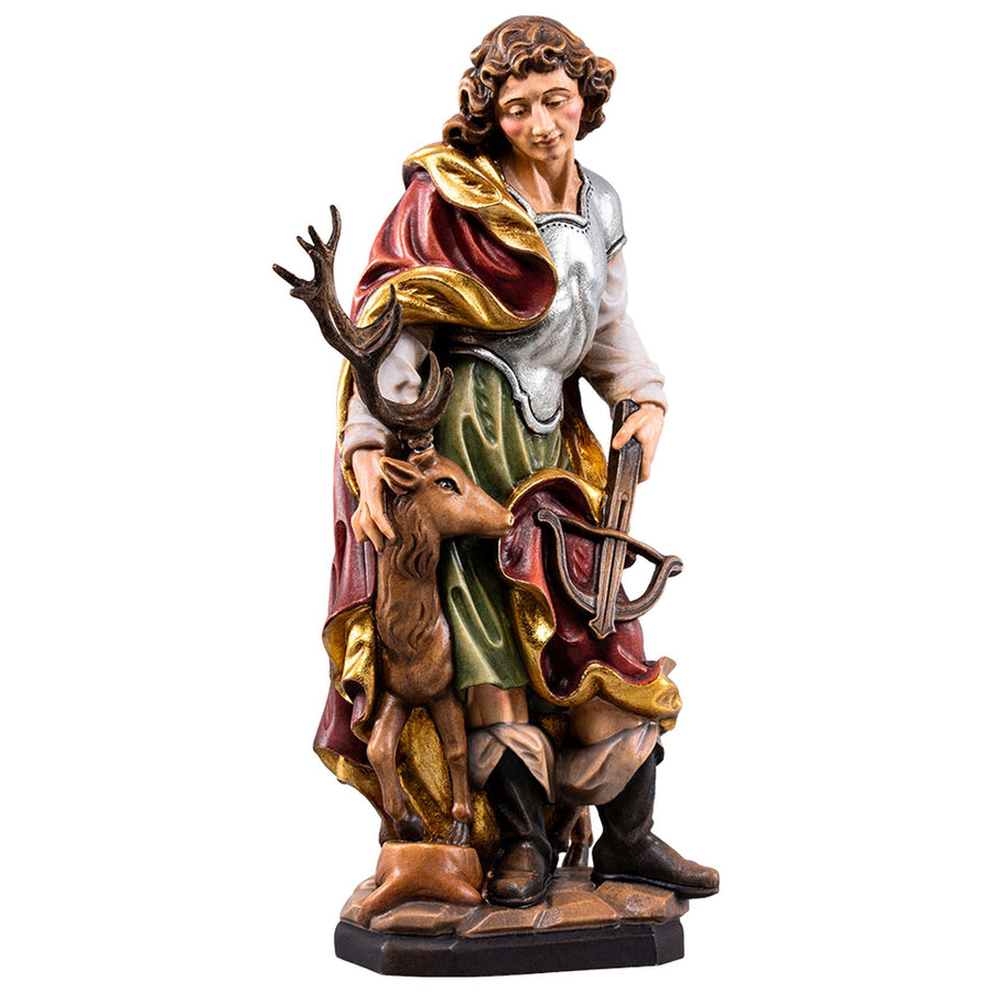 Hl. Hubertus mit Hirsch – handgeschnitzte Holzfigur, Ausführung handbemalt