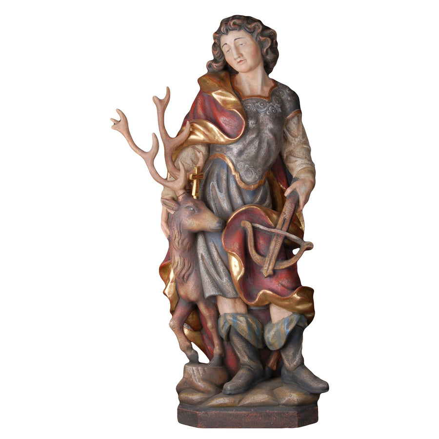 Hl. Hubertus mit Hirsch – handgeschnitzte Holzfigur, Ausführung Echtgold antik