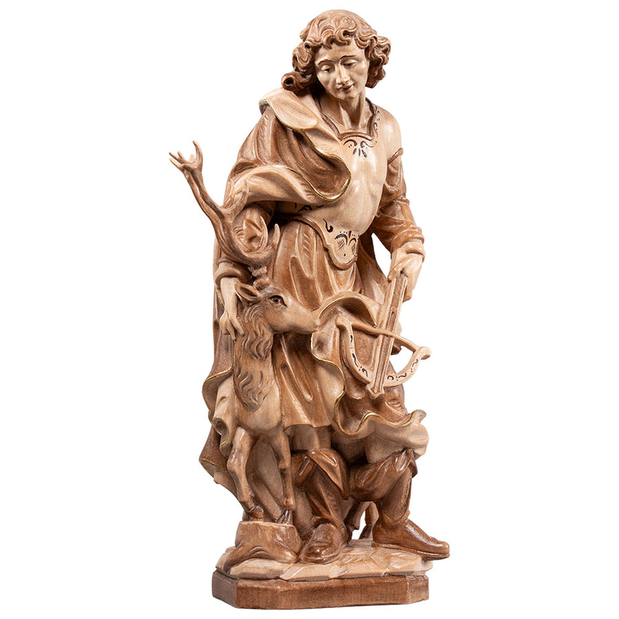 Hl. Hubertus mit Hirsch – handgeschnitzte Holzfigur, Ausführung mehrfarbig gebeizt