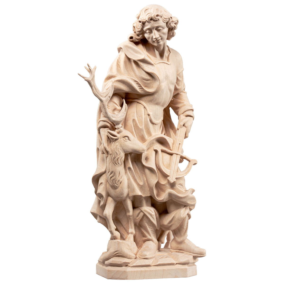 Hl. Hubertus mit Hirsch – handgeschnitzte Holzfigur, Ausführung natur