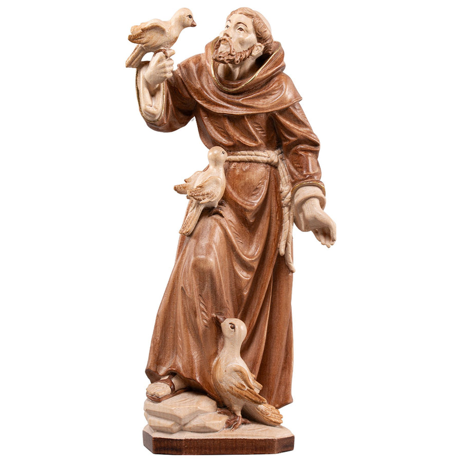 Saint François d'Assise – statue en bois sculptée à la main, finition teintée polychrome