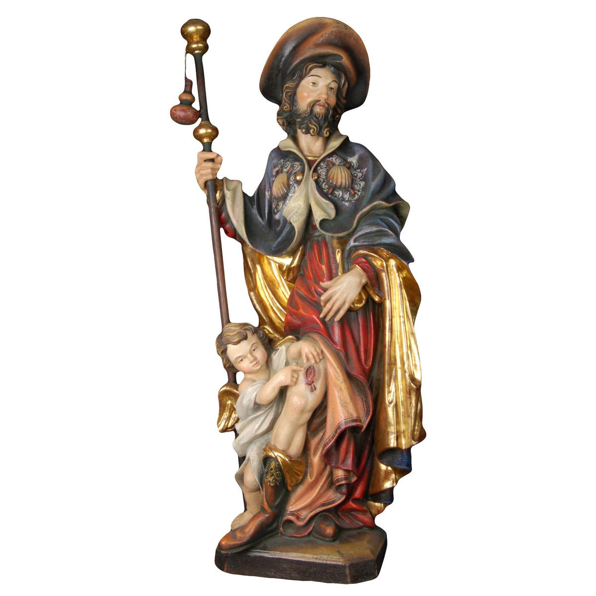 Hl. Rochus mit Kind – handgeschnitzte Holzfigur, Ausführung Echtgold