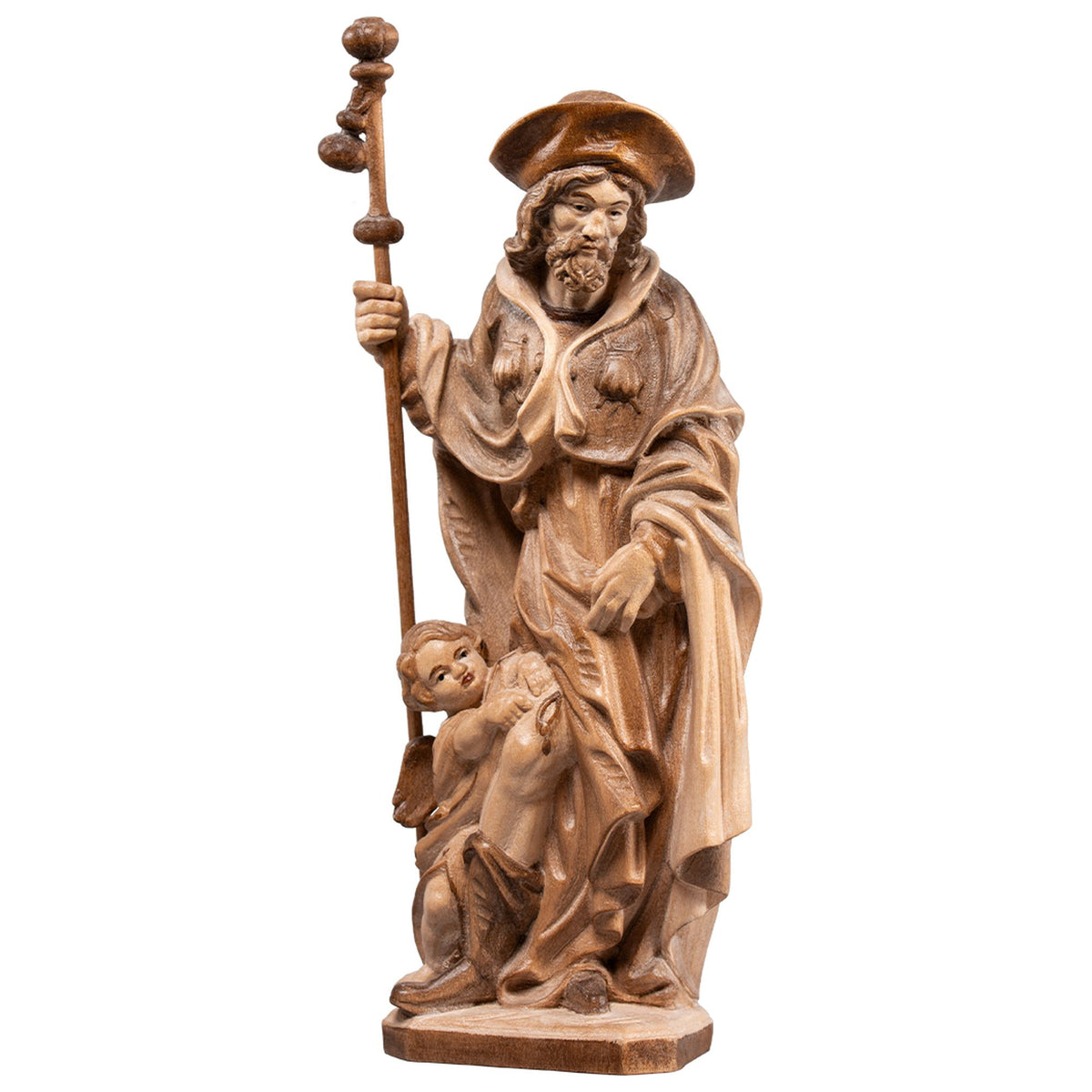 Hl. Rochus mit Kind – handgeschnitzte Holzfigur, Ausführung mehrfarbig gebeizt