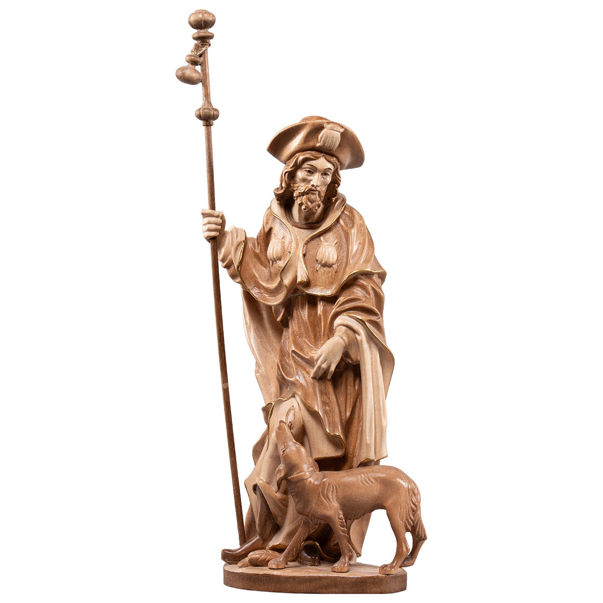 Hl. Rochus mit Hund – handgeschnitzte Holzfigur, Ausführung mehrfarbig gebeizt