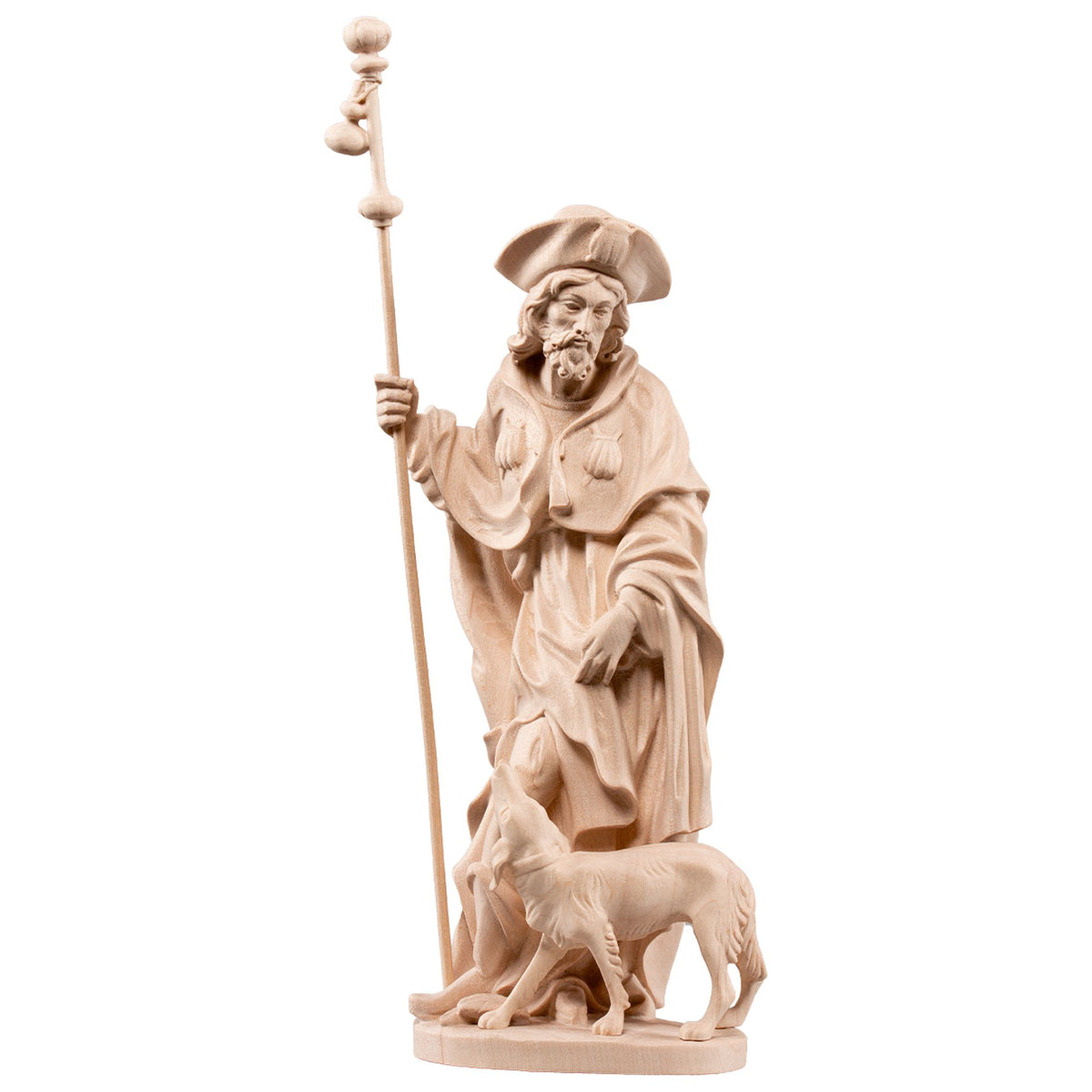 Hl. Rochus mit Hund – handgeschnitzte Holzfigur, Ausführung natur