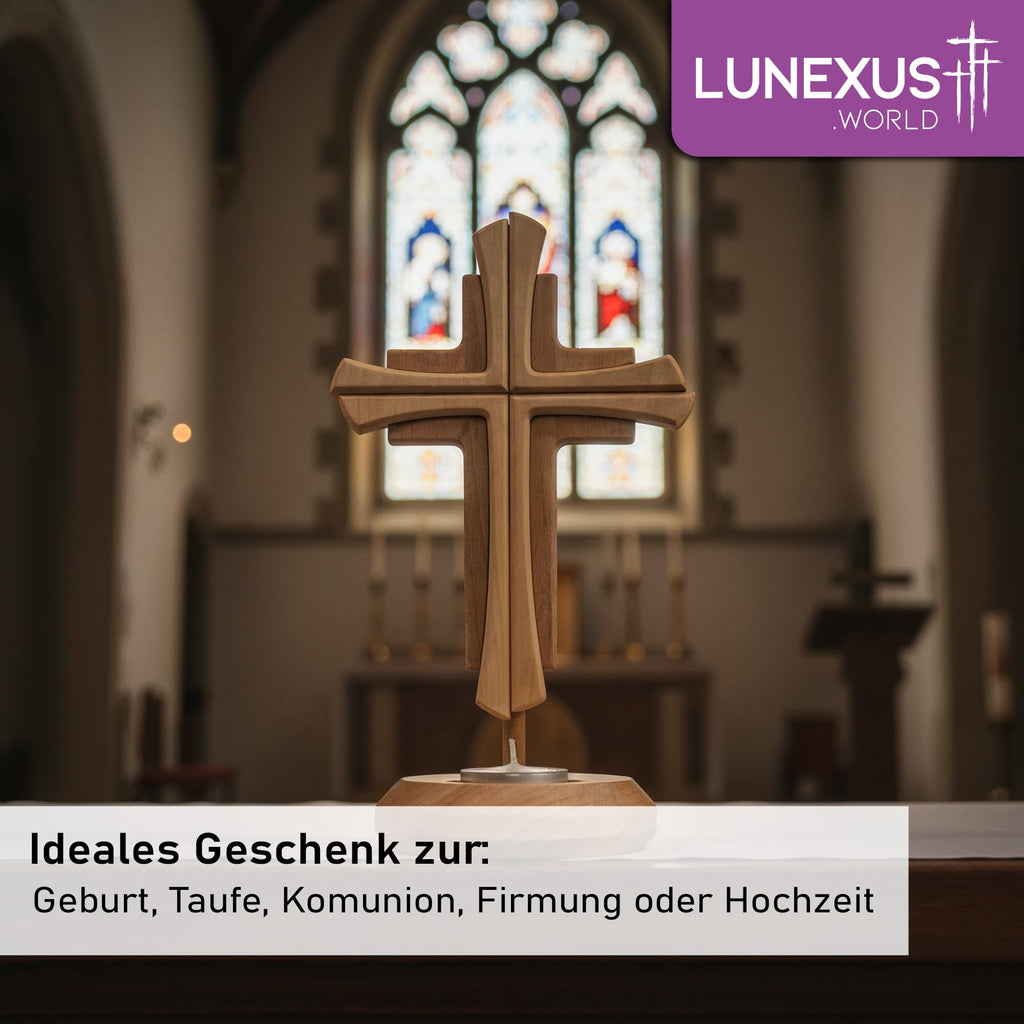 Standkreuz aus Buchenholz, 23,5 cm, mit rundem Sockel für ein Teelicht – Bild 6