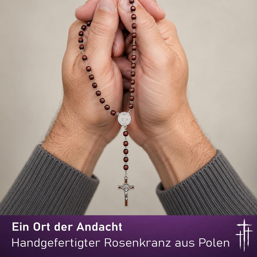 Rosenkranz aus 59 dunkelbraunen Holzperlen mit Benediktus-Medaille und emailliertem Kreuz, 50 cm – Bild 3
