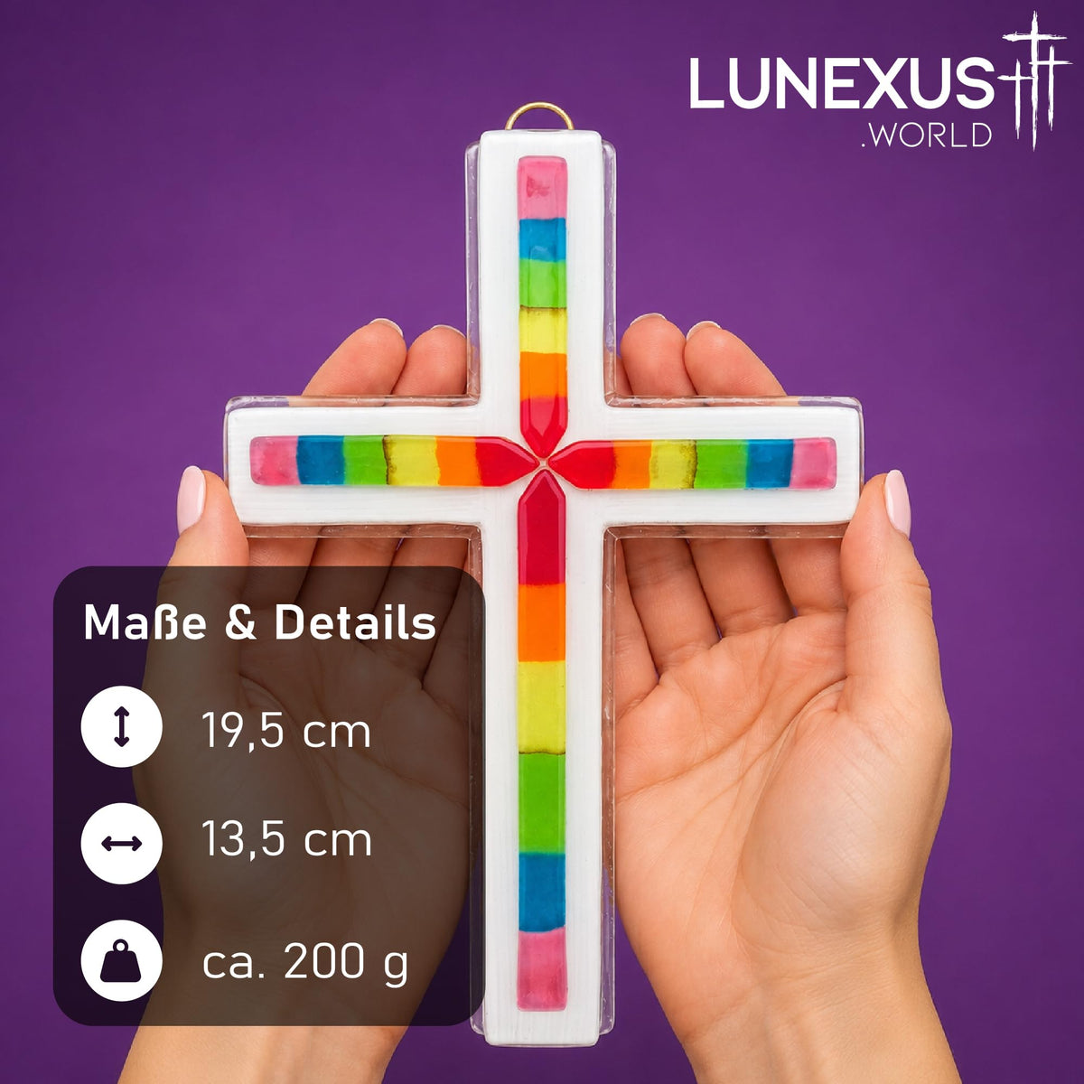 Glaskreuz 19,5×13,5 cm mit regenbogenfarbenen Segmenten und goldfarbenem Ring, gesegnet – Bild 2