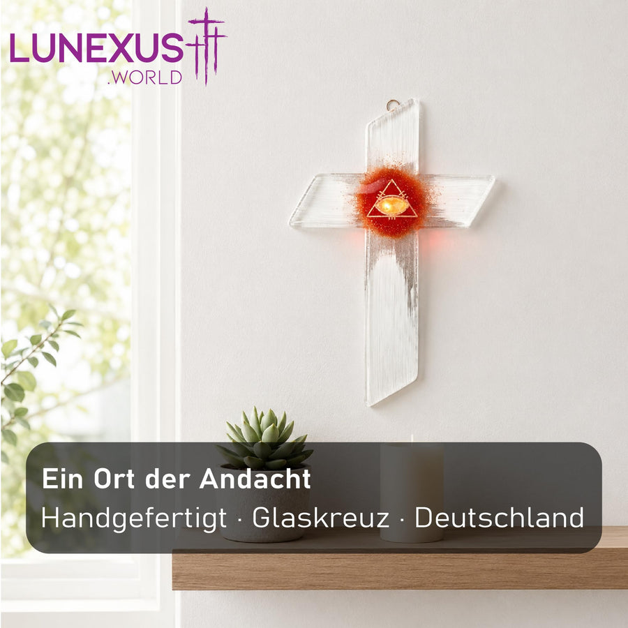 Croix en verre 22 × 15 cm avec œil de la Providence doré, blanc, rouge et or, bénite – image 3
