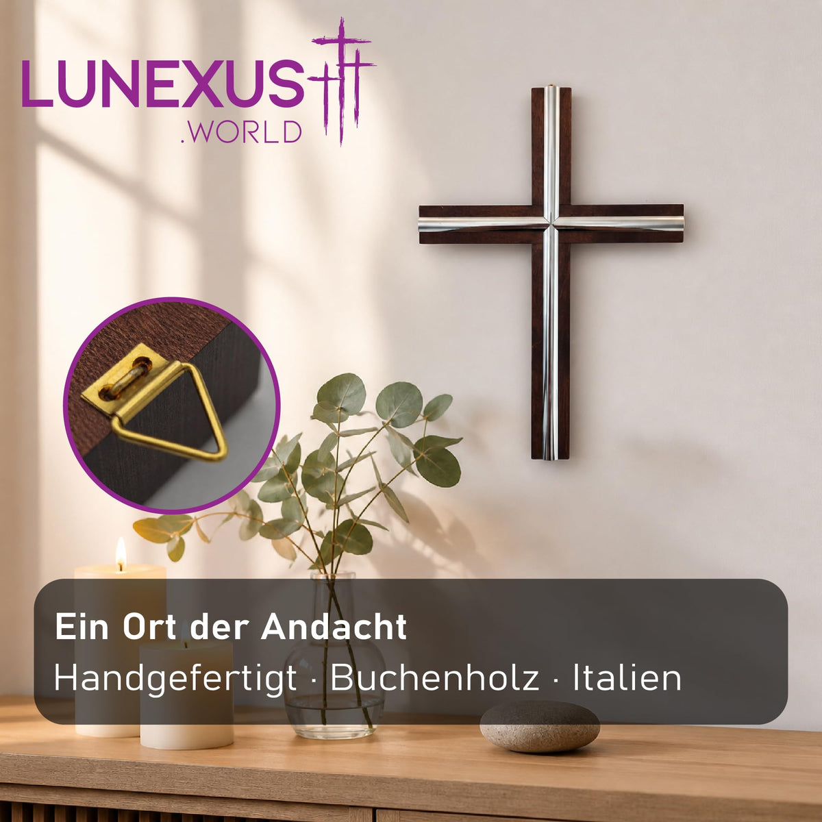 Wandkreuz aus dunkelbraunem Buchenholz mit silberfarbenen Einlagen, gesegnet, zwei Größen – Bild 6