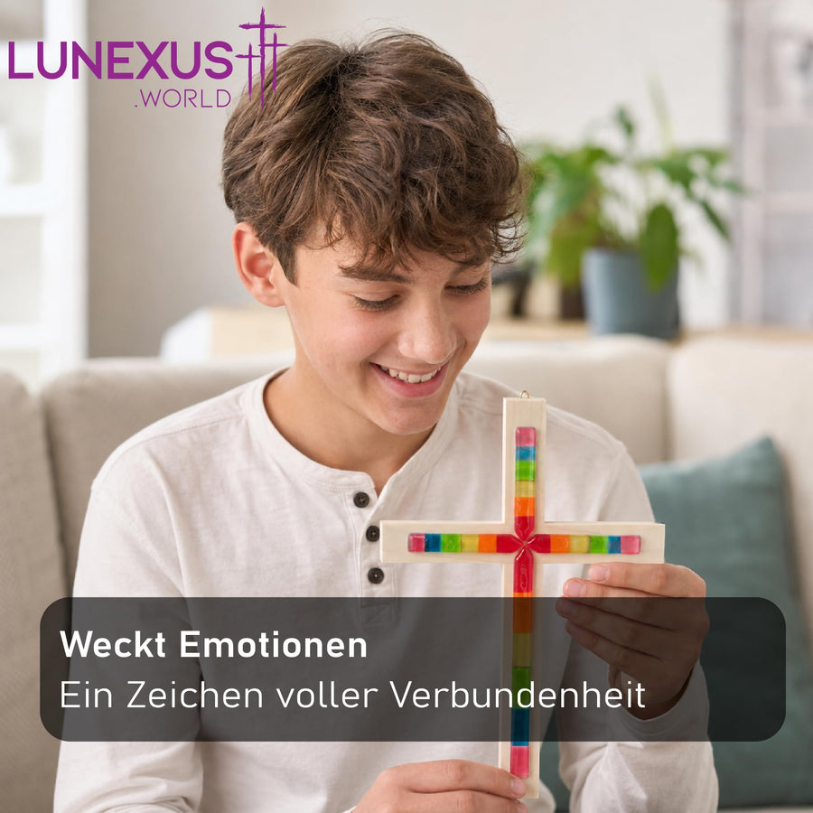 Wandkreuz aus Buchenholz mit Regenbogen-Glaseinsätzen, 20×15 cm, gesegnet – Bild 7