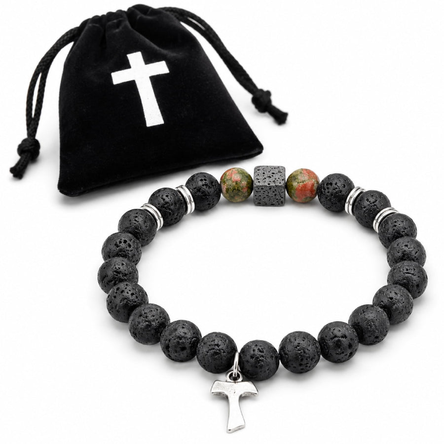 Damen Armband mit Tau-Kreuz aus Lavastein und Naturstein-Perlen, ca. 16 cm, gesegnet – Bild 6