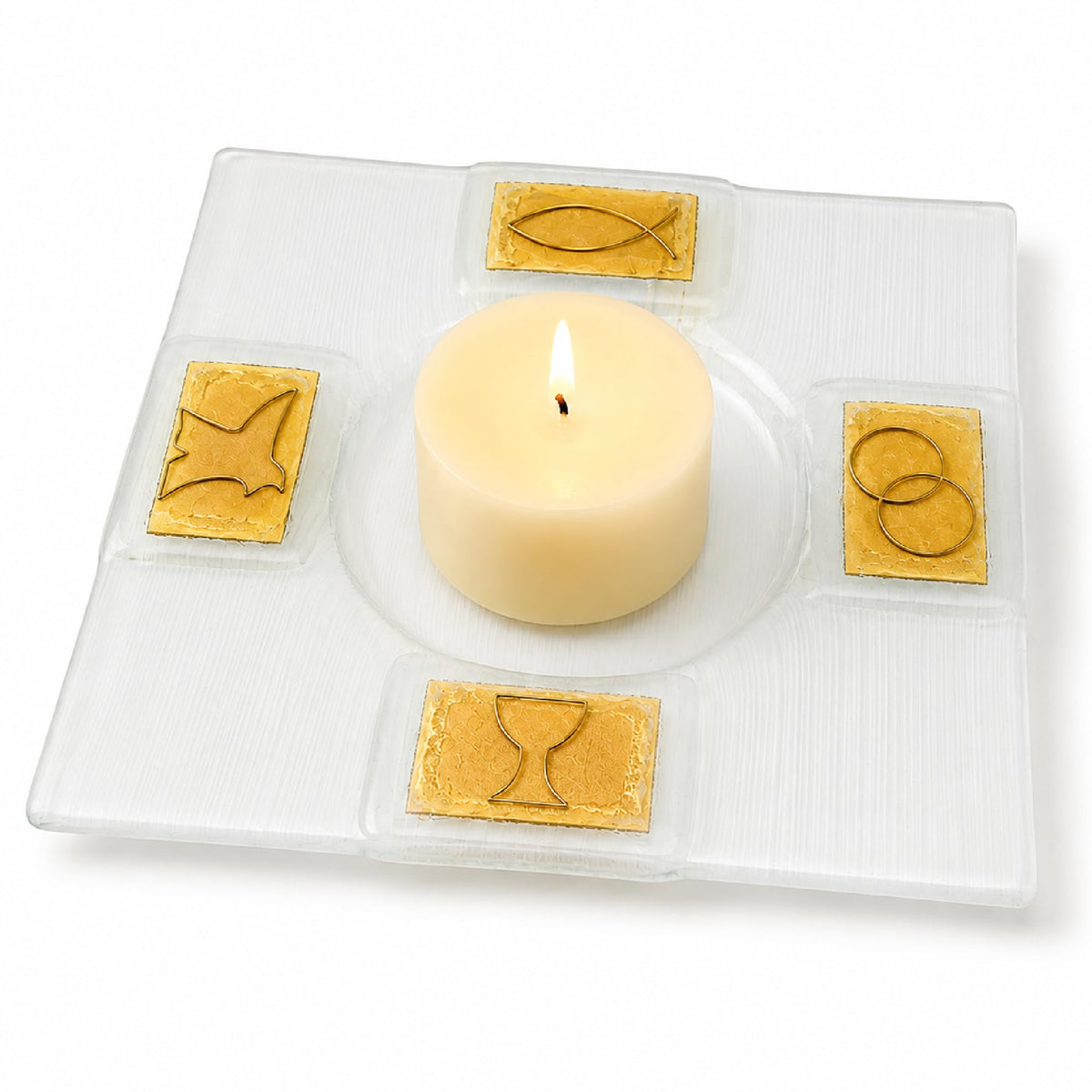 Kerzenteller aus weißem Glas 14×14 cm mit goldenen Kommunion-Symbolen Kreuz, Hostie, Kelch und Trauben
